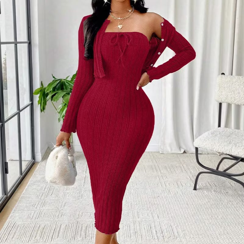 Women's Ribbed Midi Dress & Cropped Cardigan Set