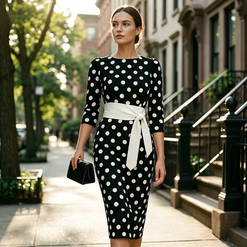 Women’s Polka Dot Belted Midi Dress