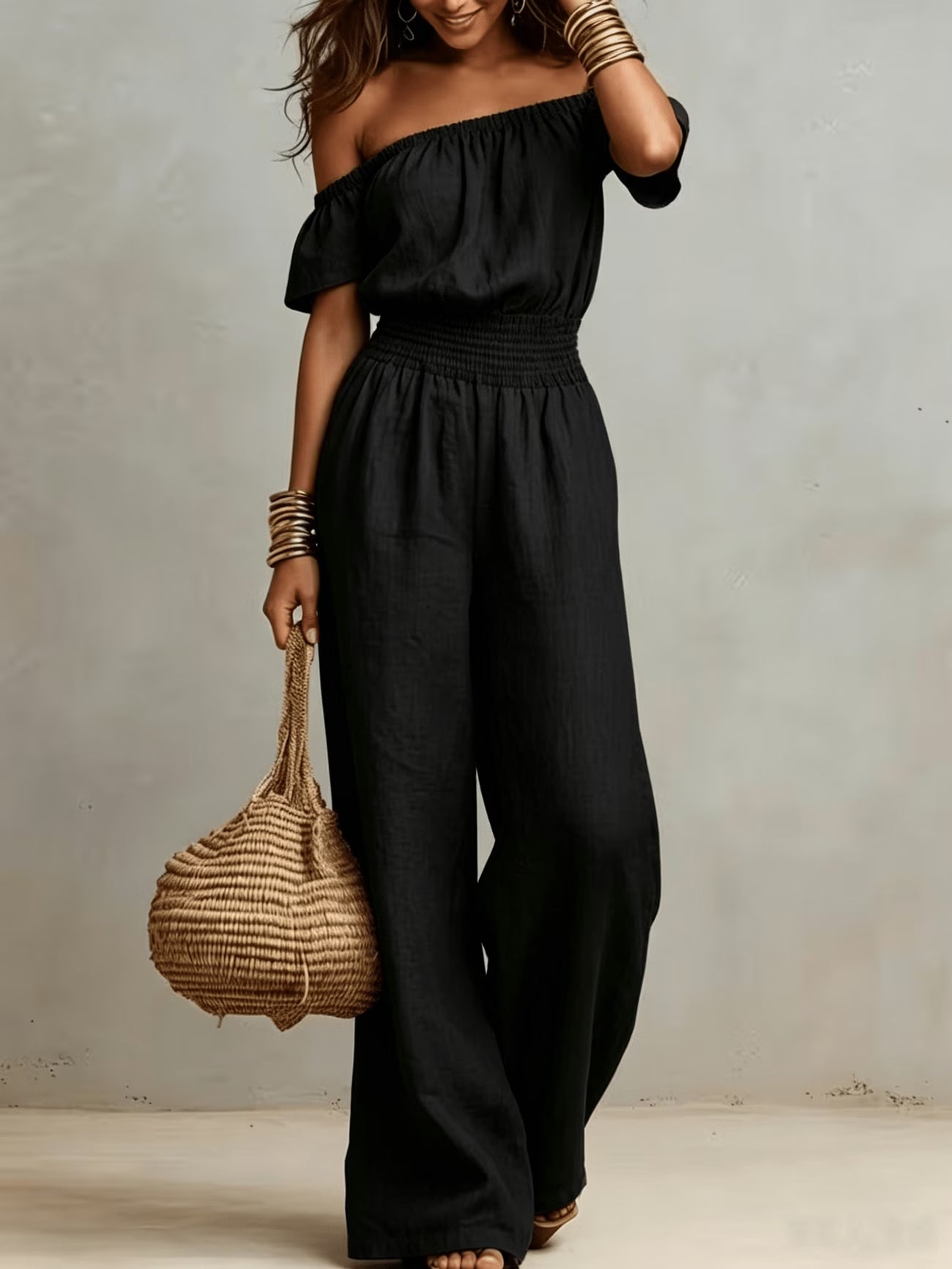 Vintage Off-Shoulder Wide-Leg Jumpsuit