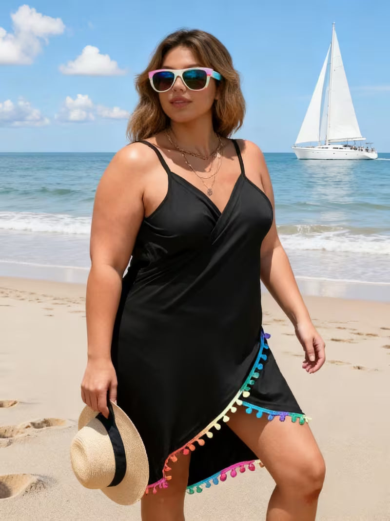 Women's Plus Size Pom Trim Beach Cover-Up