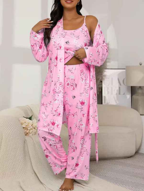 Women’s Milk-Silk 3-Piece Pyjama Set with Robe, Camisole and Long Trousers