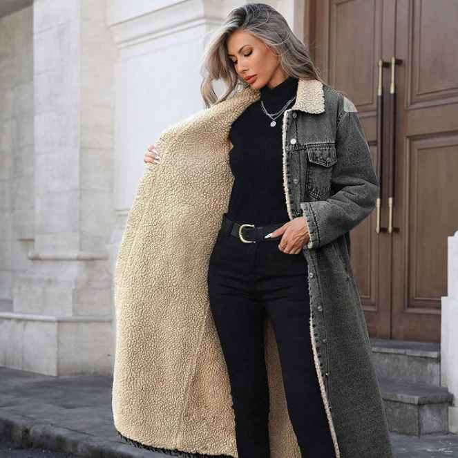 Women’s Warm-Lined Longline Denim Coat with Turn-Down Collar