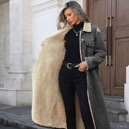 Women’s Warm-Lined Longline Denim Coat with Turn-Down Collar
