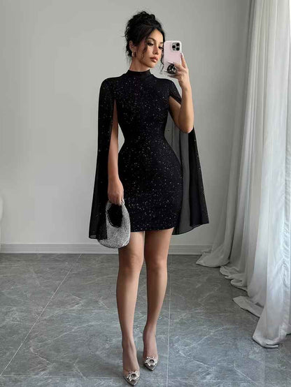Women’s Sparkle Cape-Sleeve Bodycon Party Mini Dress