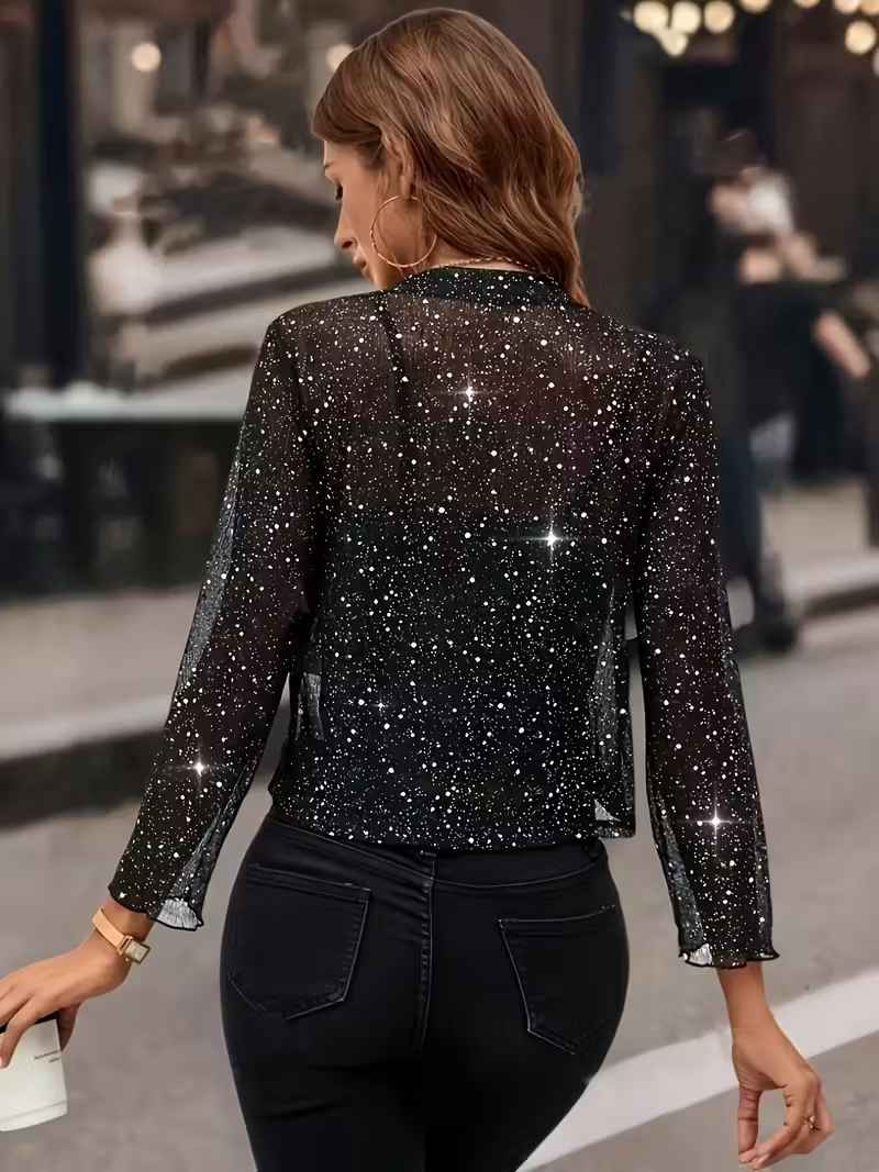 Women’s Silvery Glitter Open-Front Cardigan Jacket