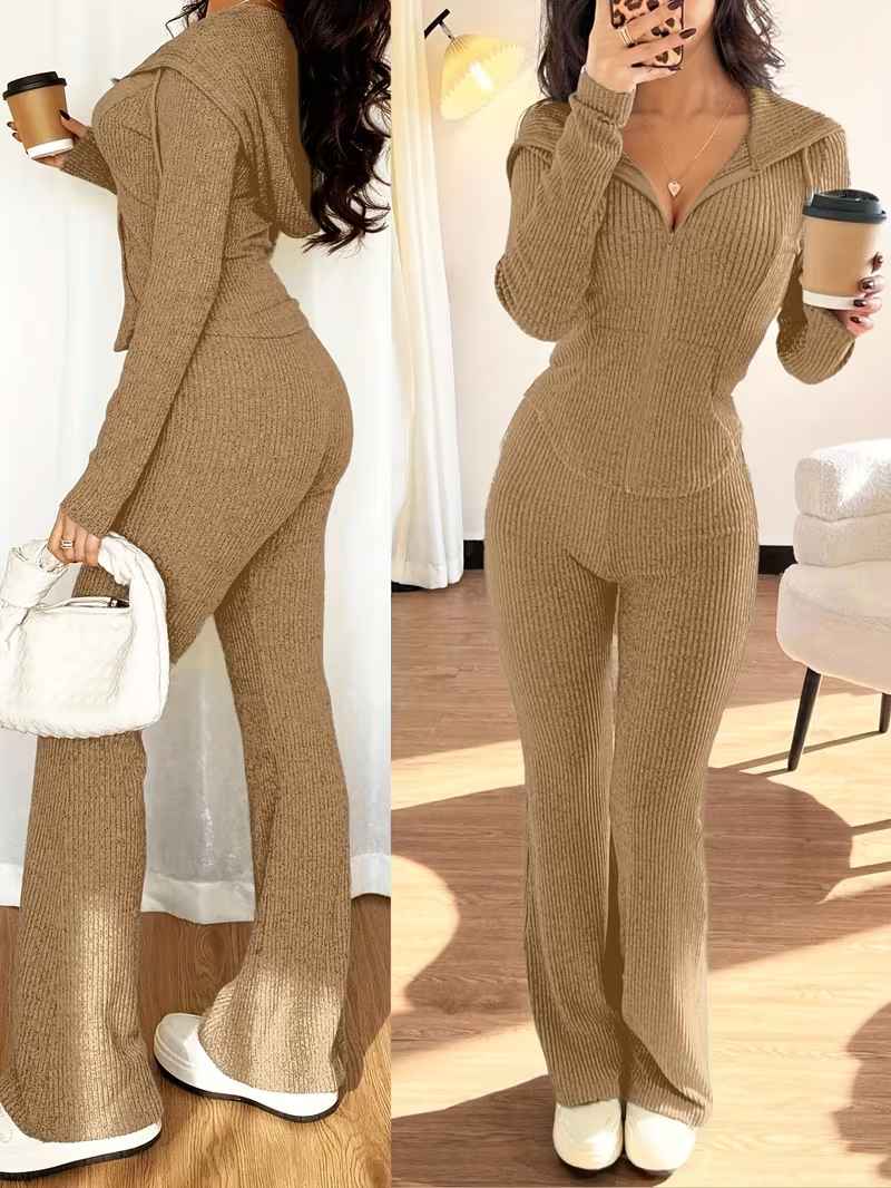 Women’s Rib-Knit Hooded Zip Top and Flared Trousers Set
