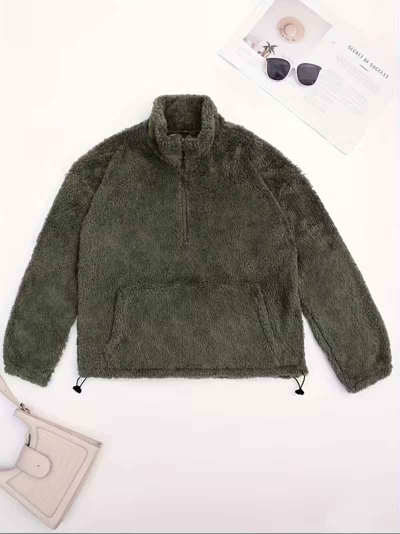 Women’s Warm Plush Zip-Front Pocket Knit Pullover Sweater