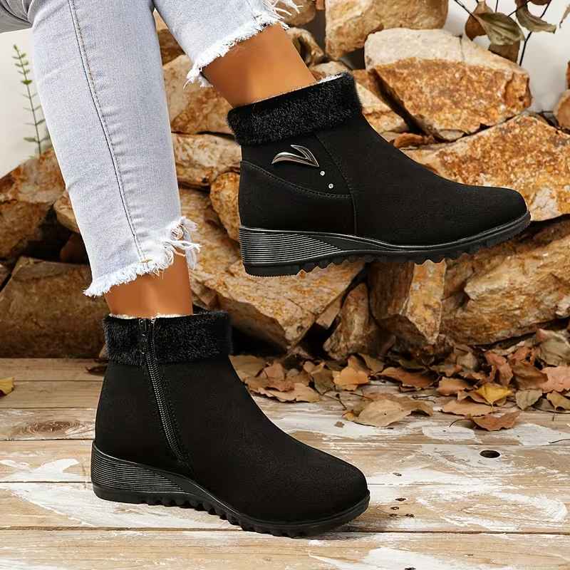 Women’s Black British-Style Faux Fur Side-Zip Autumn–Winter Ankle Boots