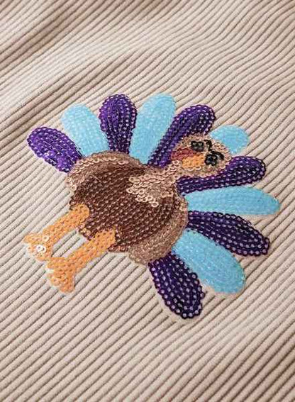 Women’s Sequin Turkey Graphic Corded Oversized Thanksgiving Sweatshirt