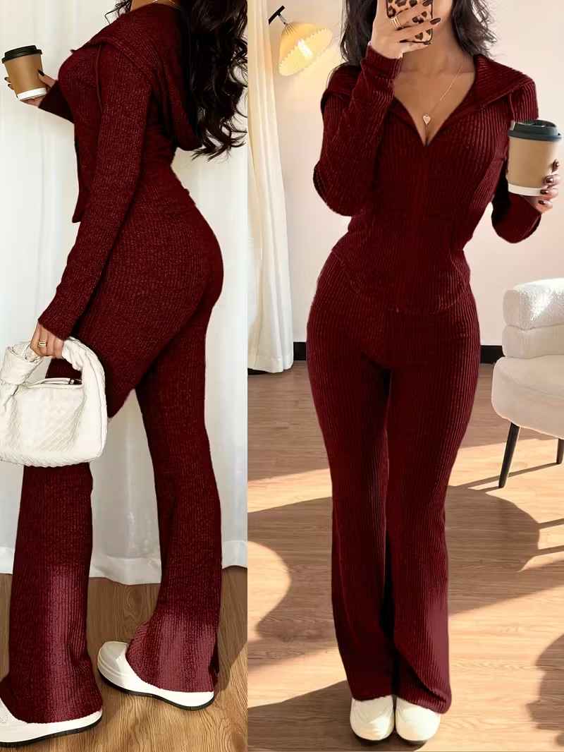 Women’s Rib-Knit Hooded Zip Top and Flared Trousers Set