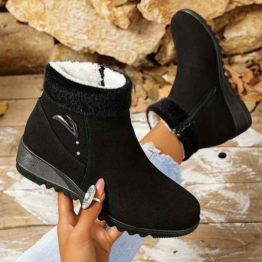 Women’s Black British-Style Faux Fur Side-Zip Autumn–Winter Ankle Boots