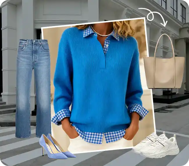 Women’s Plaid-Collar Soft-Knit Relaxed Fit Pullover