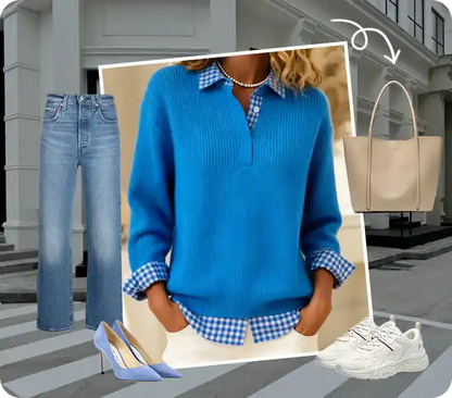 Women’s Plaid-Collar Soft-Knit Relaxed Fit Pullover