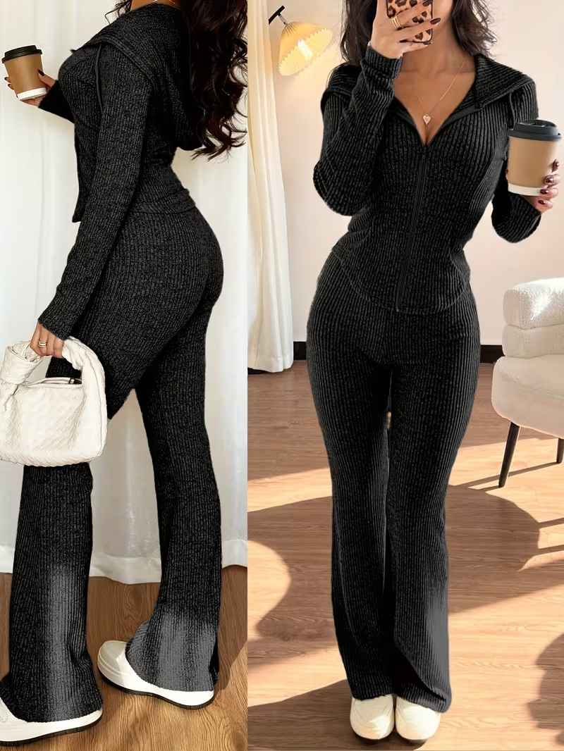 Women’s Rib-Knit Hooded Zip Top and Flared Trousers Set