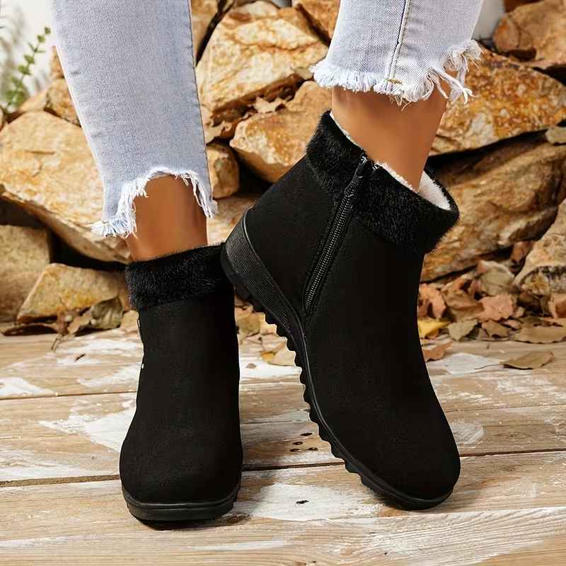 Women’s Black British-Style Faux Fur Side-Zip Autumn–Winter Ankle Boots