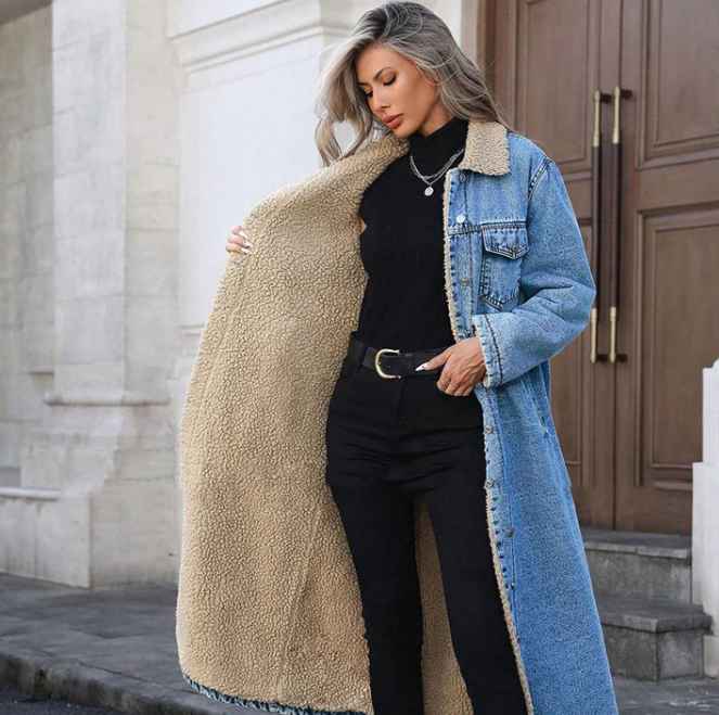Women’s Warm-Lined Longline Denim Coat with Turn-Down Collar