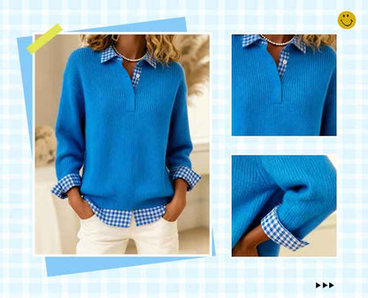 Women’s Plaid-Collar Soft-Knit Relaxed Fit Pullover