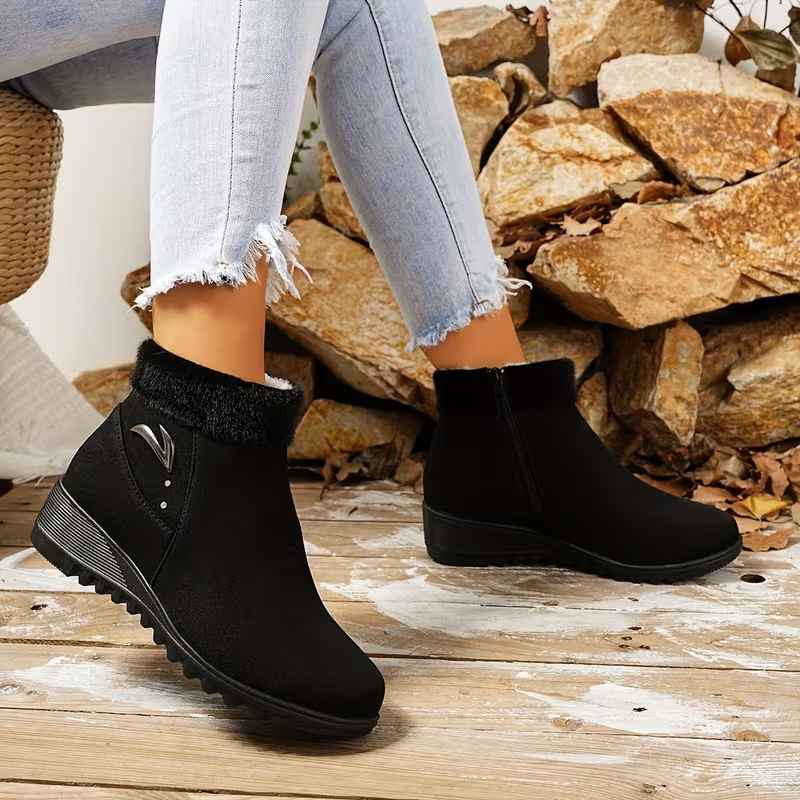 Women’s Black British-Style Faux Fur Side-Zip Autumn–Winter Ankle Boots