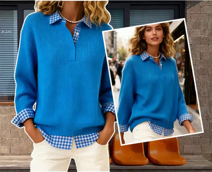 Women’s Plaid-Collar Soft-Knit Relaxed Fit Pullover