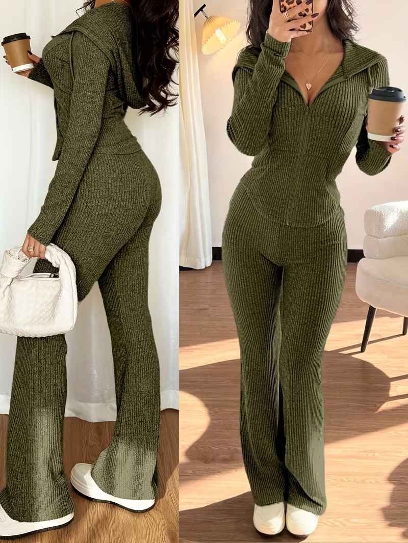 Women’s Rib-Knit Hooded Zip Top and Flared Trousers Set