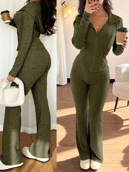 Women’s Rib-Knit Hooded Zip Top and Flared Trousers Set