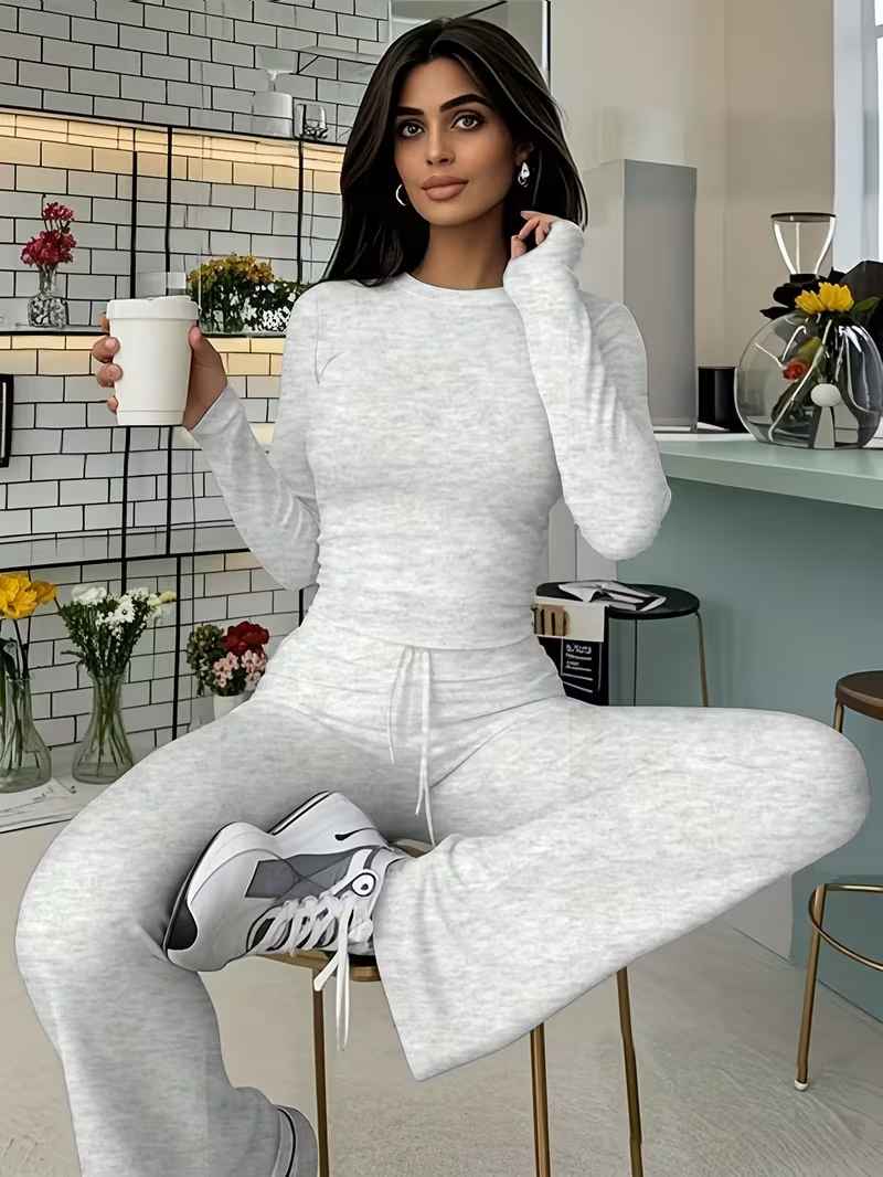Women’s Long-Sleeve Lounge Top and Drawstring Flared Trousers Set
