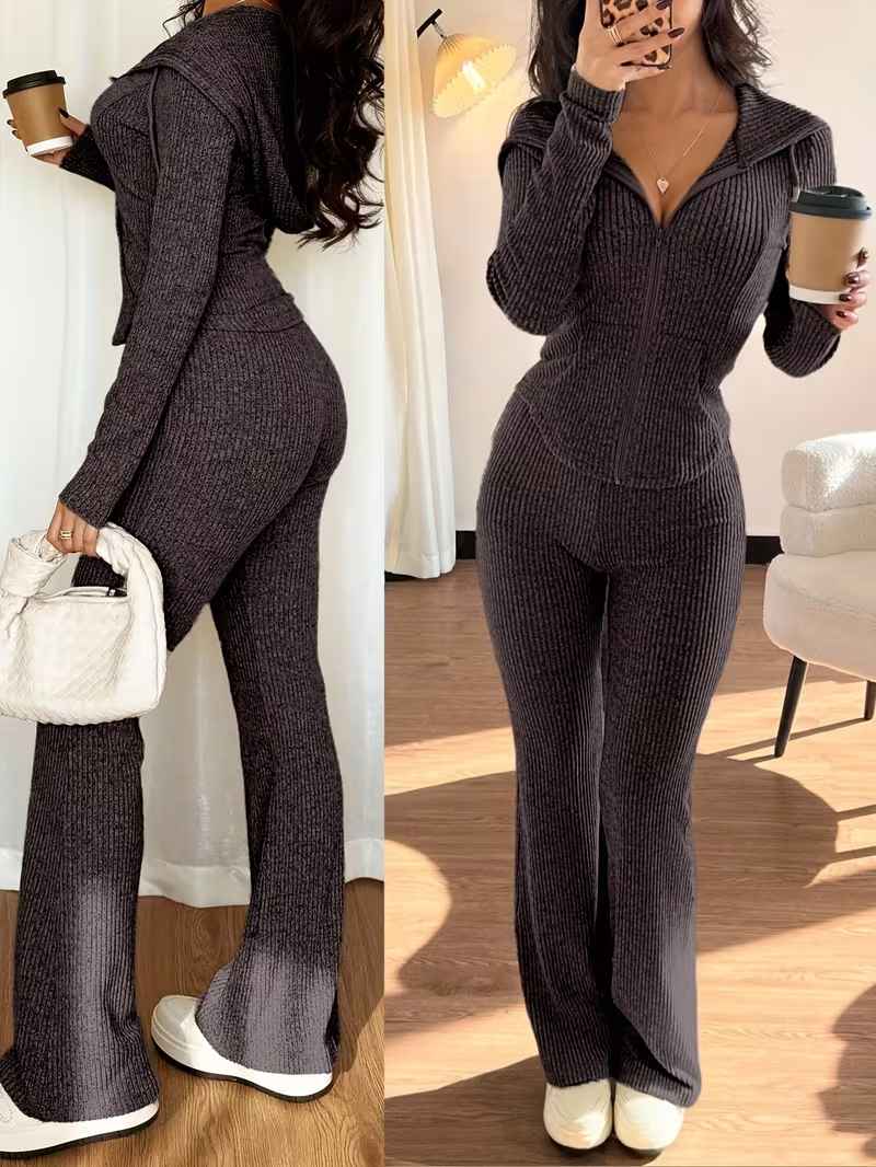 Women’s Rib-Knit Hooded Zip Top and Flared Trousers Set