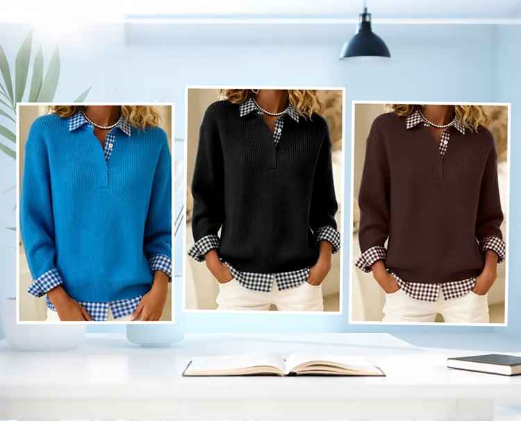 Women’s Plaid-Collar Soft-Knit Relaxed Fit Pullover