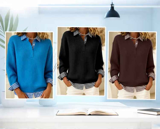 Women’s Plaid-Collar Soft-Knit Relaxed Fit Pullover