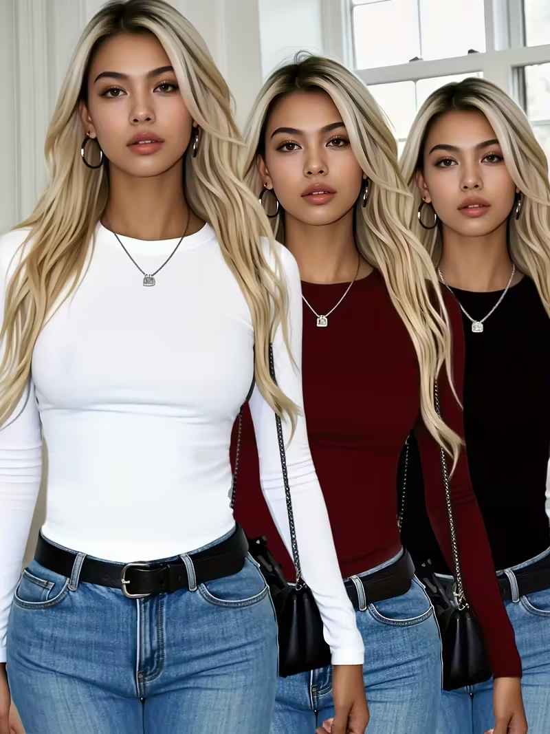 Women’s 3-Pack Stretch Long-Sleeve Crew Neck Essentials Tops