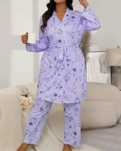 Women’s Milk-Silk 3-Piece Pyjama Set with Robe, Camisole and Long Trousers