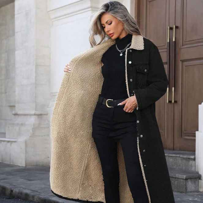 Women’s Warm-Lined Longline Denim Coat with Turn-Down Collar