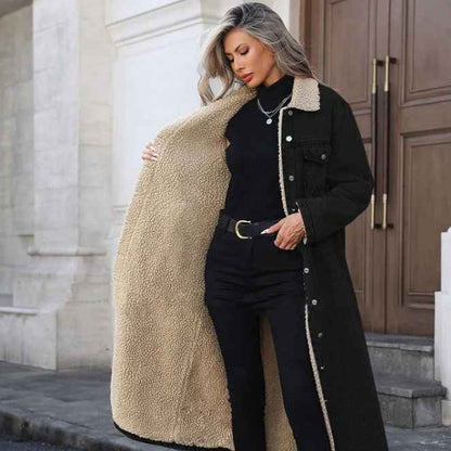 Women’s Warm-Lined Longline Denim Coat with Turn-Down Collar