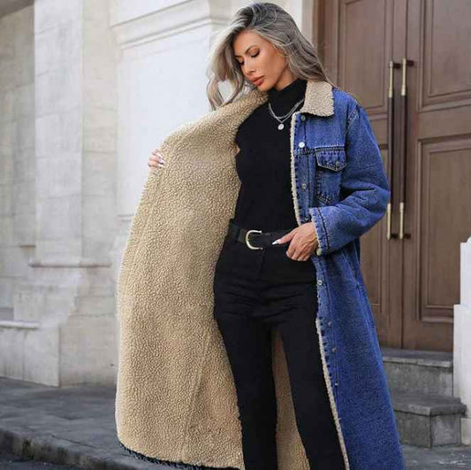 Women’s Warm-Lined Longline Denim Coat with Turn-Down Collar