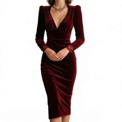 Women’s V-Neck Lace-Cuff Slim Midi Dress