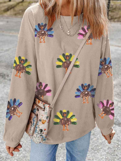 Women’s Sequin Turkey Graphic Corded Oversized Thanksgiving Sweatshirt