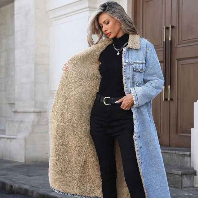 Women’s Warm-Lined Longline Denim Coat with Turn-Down Collar