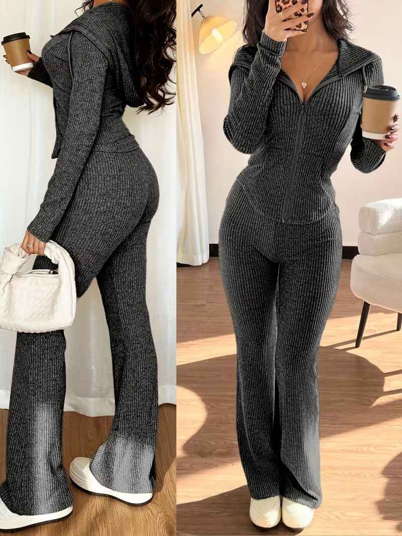 Women’s Rib-Knit Hooded Zip Top and Flared Trousers Set