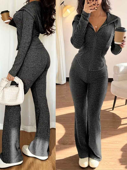 Women’s Rib-Knit Hooded Zip Top and Flared Trousers Set