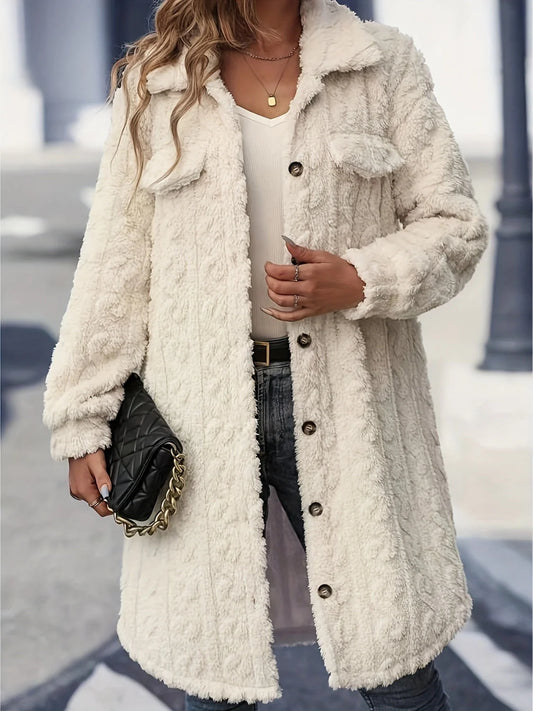 Women’s Longline Fuzzy Faux-Fur Button-Up Coat