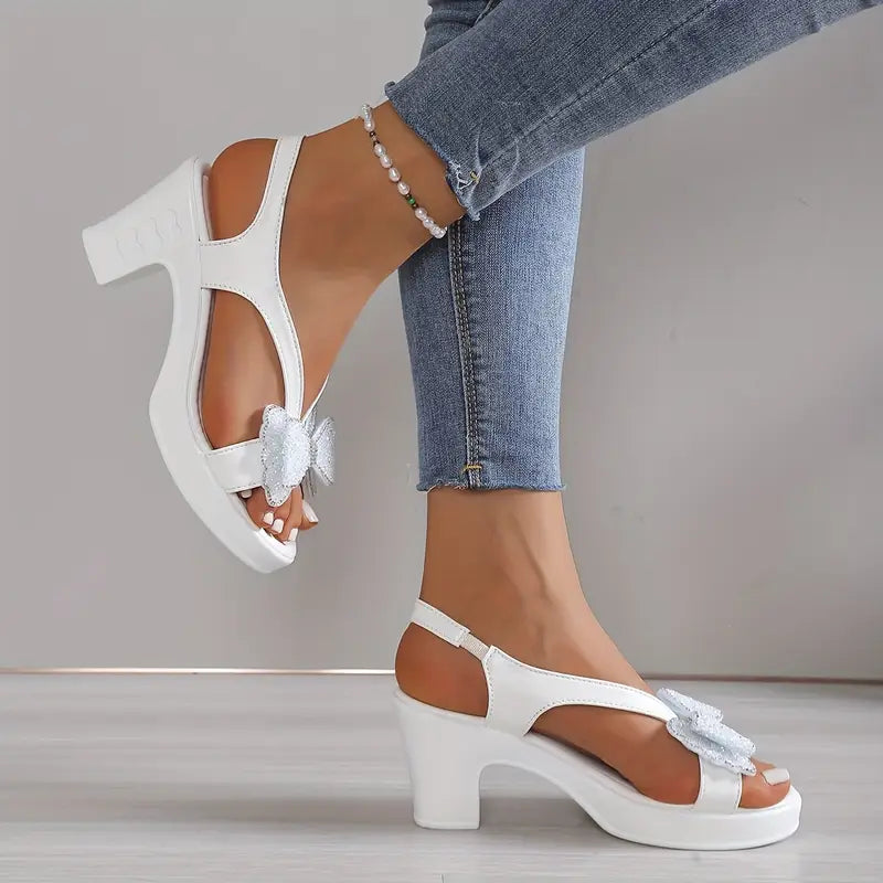 Orthopaedic Block Heel Sandals with Rhinestone & Bow