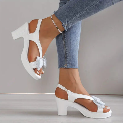 Orthopaedic Block Heel Sandals with Rhinestone & Bow