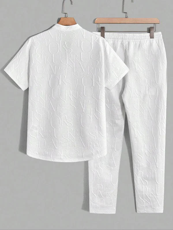Men’s Embossed Pattern T-Shirt and Drawstring Trouser Set