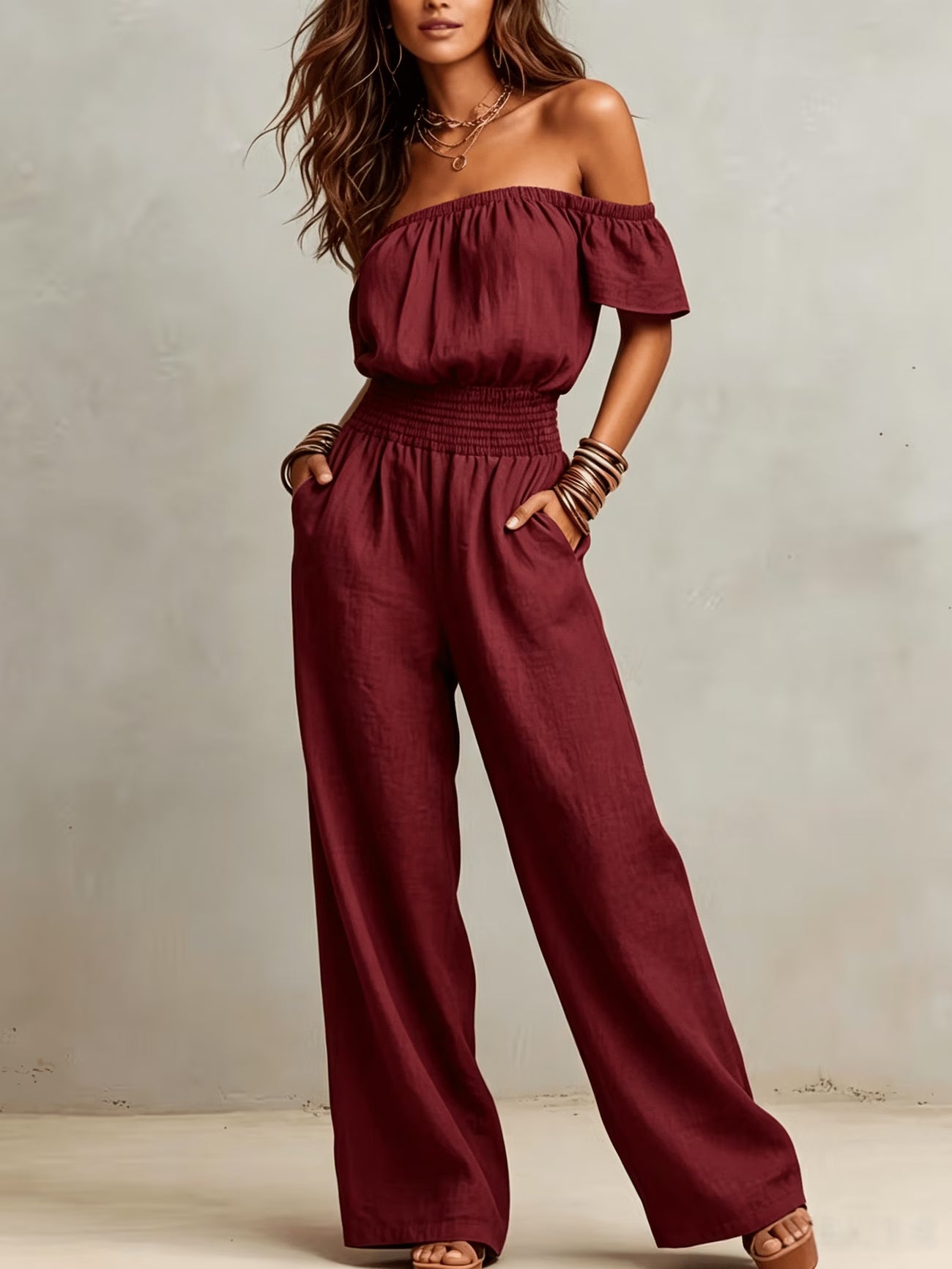 Vintage Off-Shoulder Wide-Leg Jumpsuit