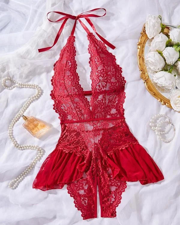 Women’s Floral Lace Halterneck Teddy Bodysuit