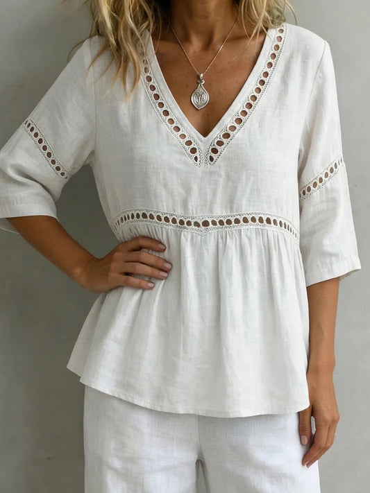 Women’s Cotton Linen V-Neck Lace Panel Blouse