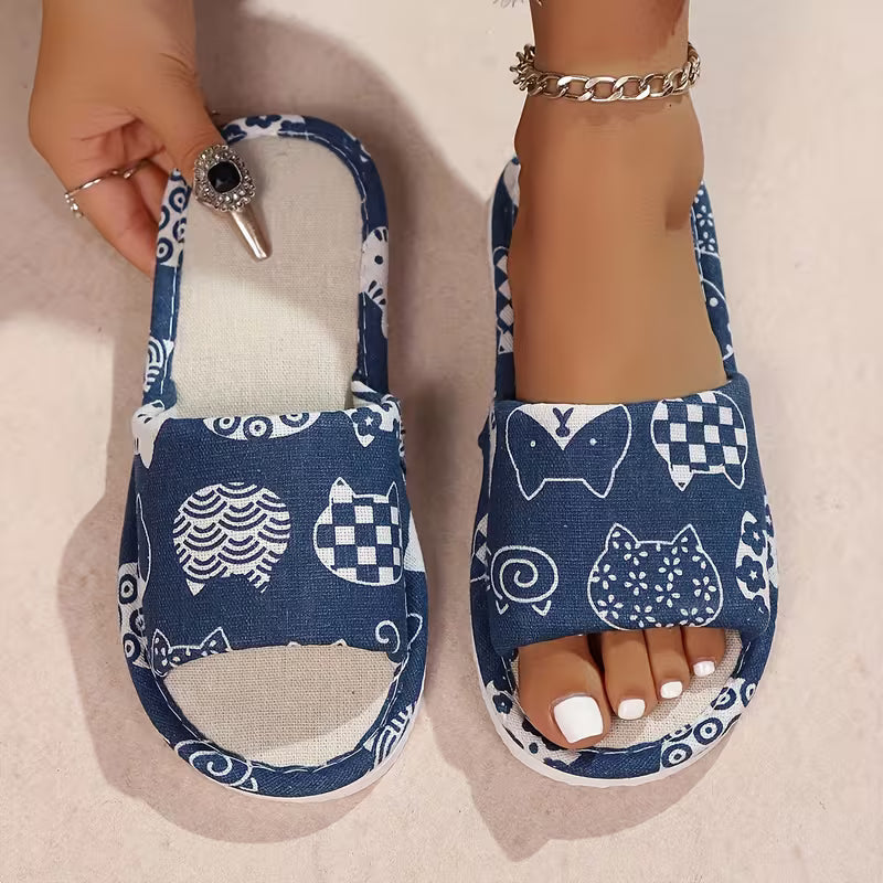 Women's Cat Print Open-Toe Home Slippers