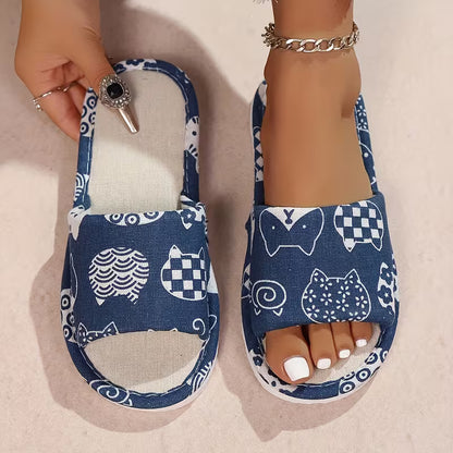 Women's Cat Print Open-Toe Home Slippers