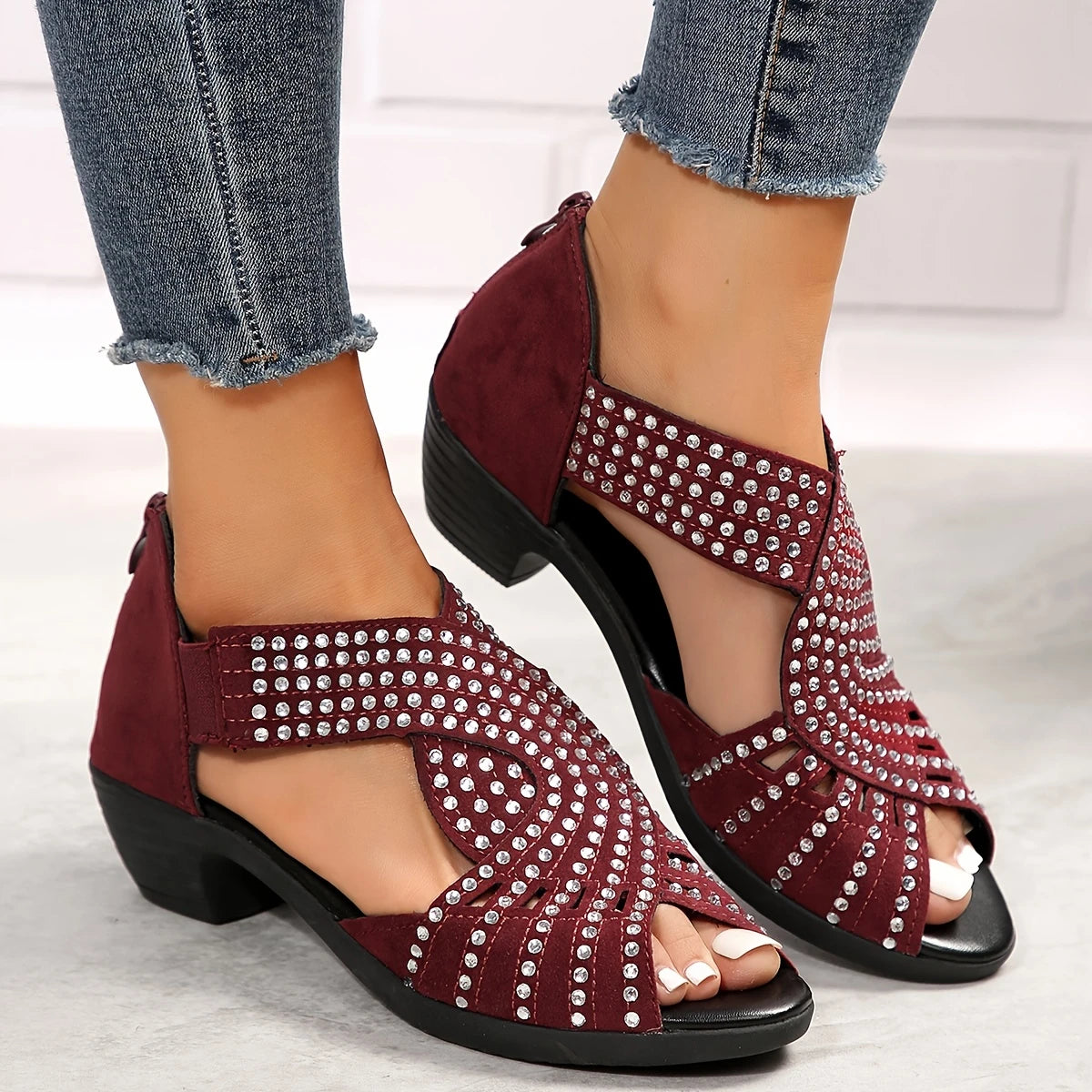 Glitter Chunky Heel Sandals - Back Zipper Detail
