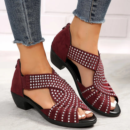 Glitter Chunky Heel Sandals - Back Zipper Detail